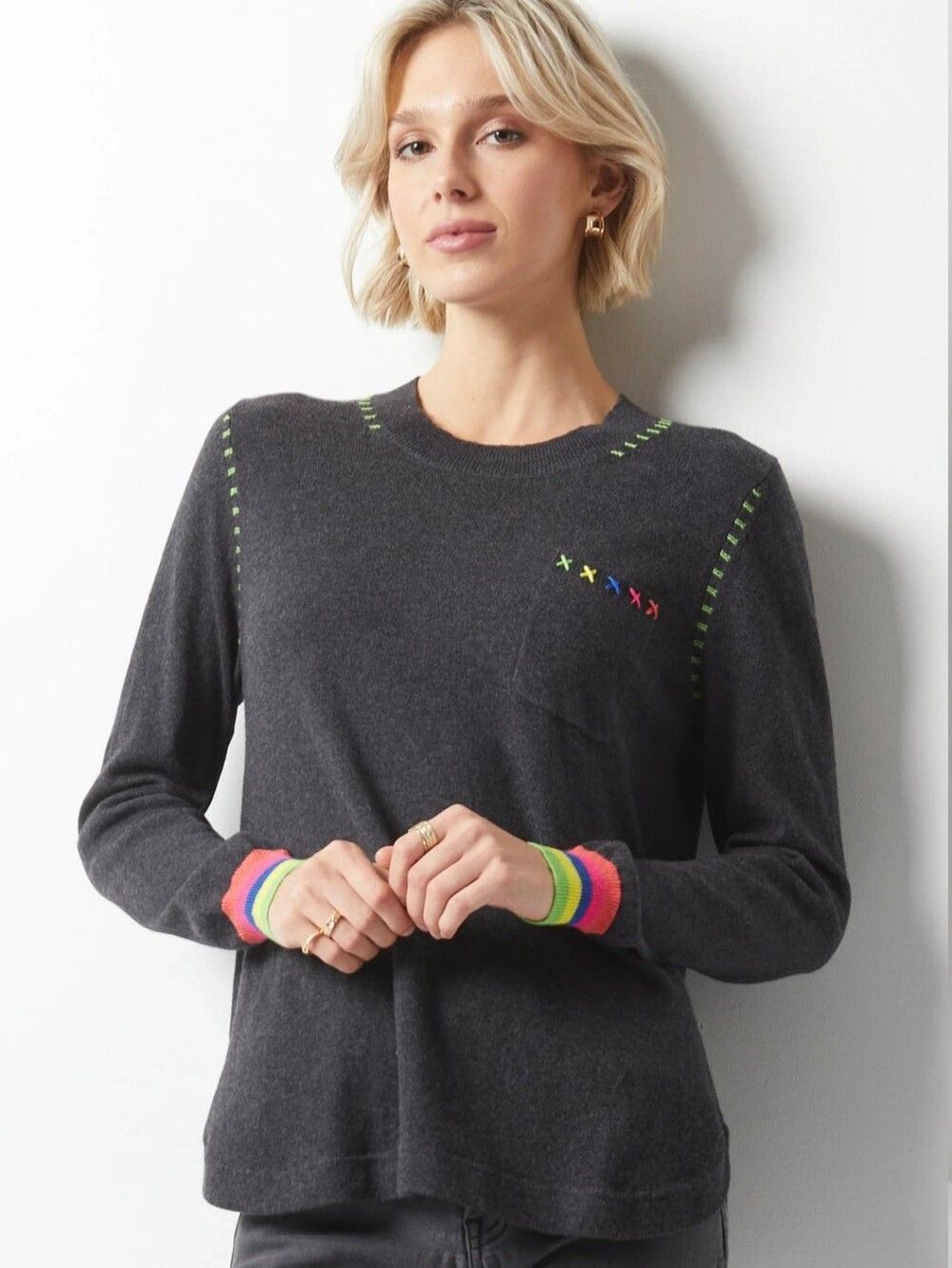 Zaket & Plover Womens Gray Cinder Multicolor Handwork Curve Sweater Size Medium